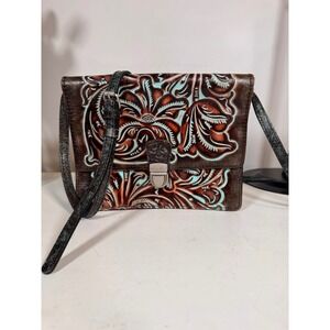 Patricia Nash Brown Tooled Leather Turquoise Floral Crossbody Bag Western Purse